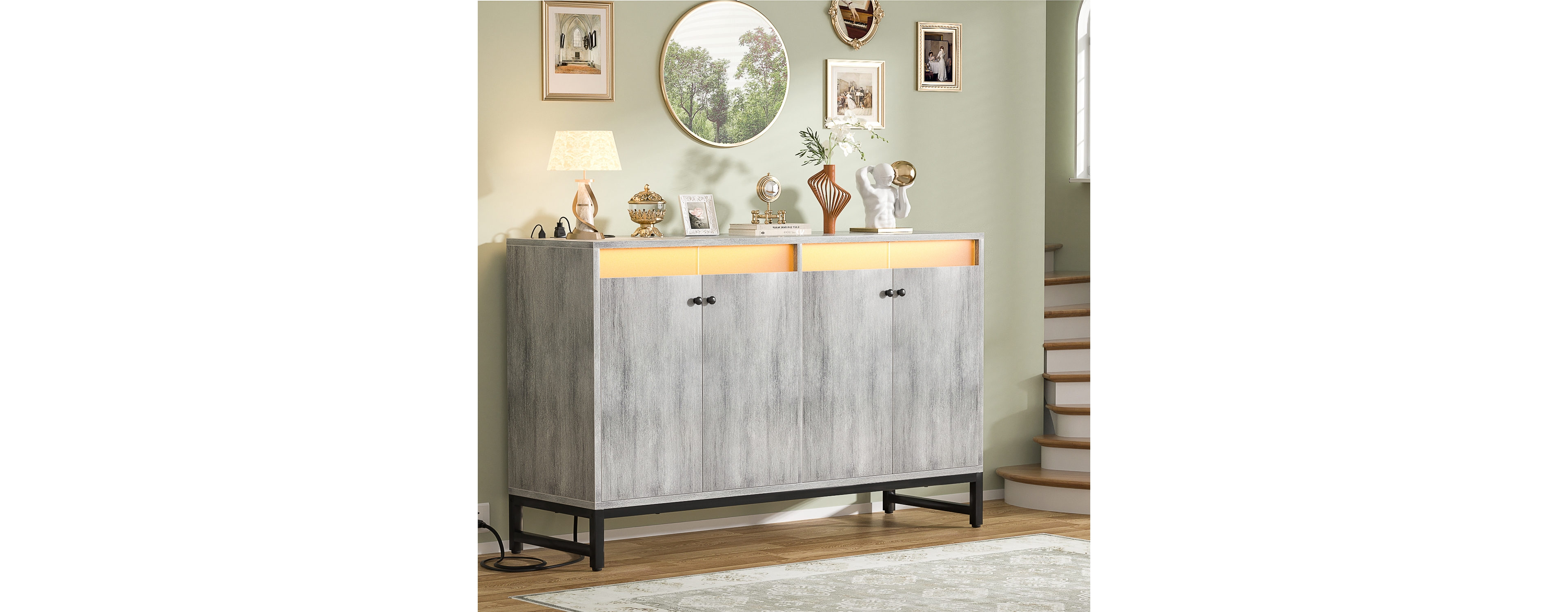 Ahaeaplus Storage Buffet Cabinet with Adjustable Shelves, Coffee Bar Charging Station, Led Light