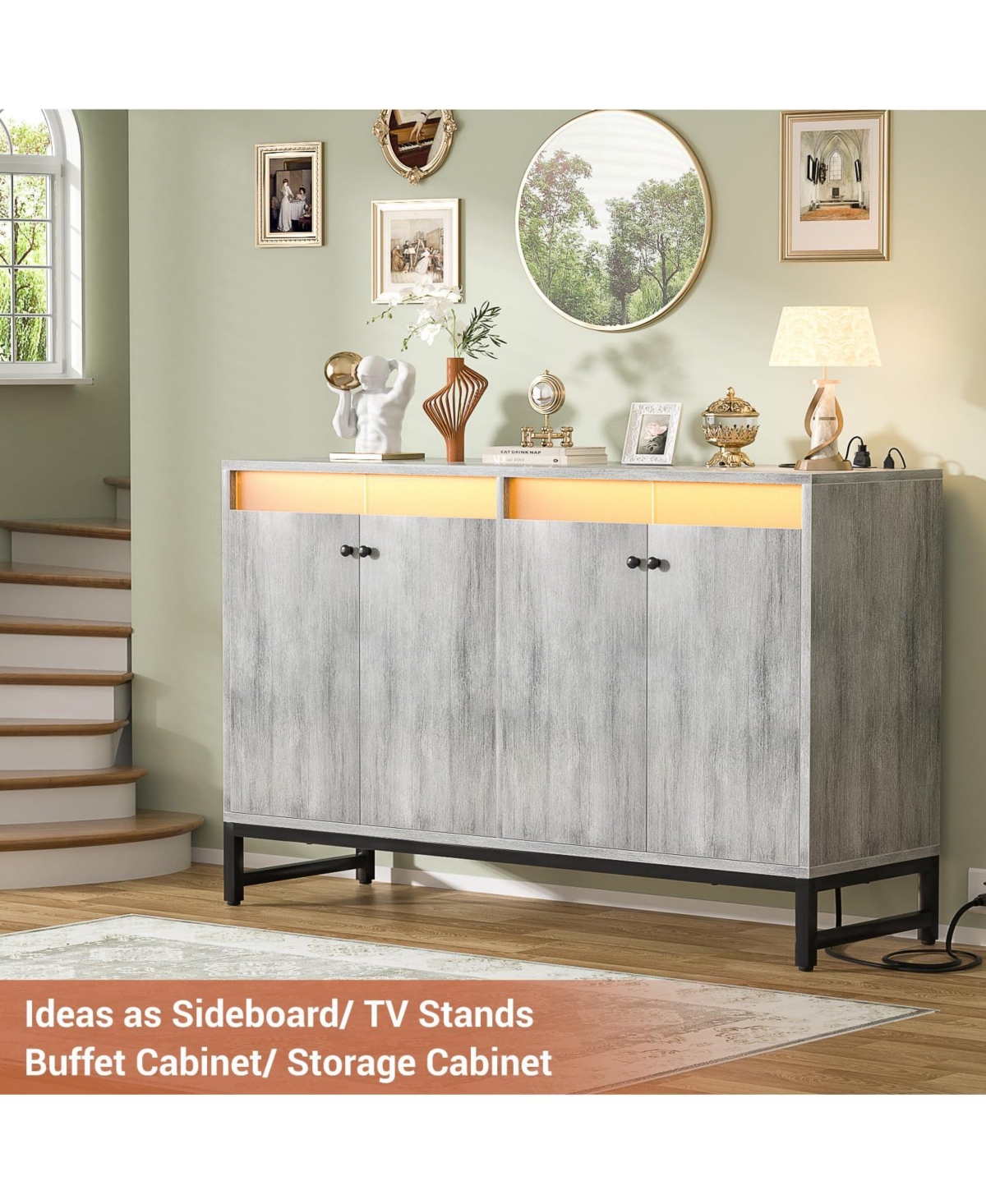 Ahaeaplus Storage Buffet Cabinet with Adjustable Shelves, Coffee Bar Charging Station, Led Light