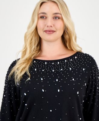 Plus Size Rhinestone Boat-Neck Long-Sleeve Sweater