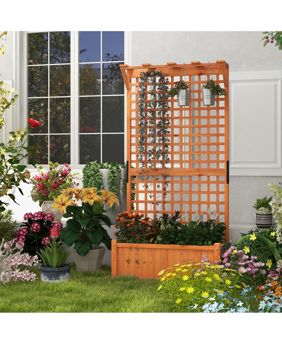 Gymax Wooden Planter Raised Garden Bed w/ Planter Box & Trellis Indoor & Outdoor