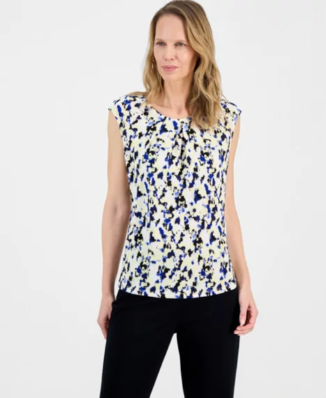 Women's Printed Pleat-Neck Extended-Sleeve Top, Regular & Petite - Pale Yellow Multi