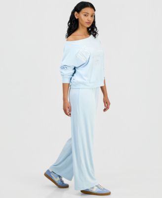 Grayson Threads, The Label Grayson Threads The Label Juniors Nyc Velour Off The Shoulder Sweatshirt Joggers In Blue