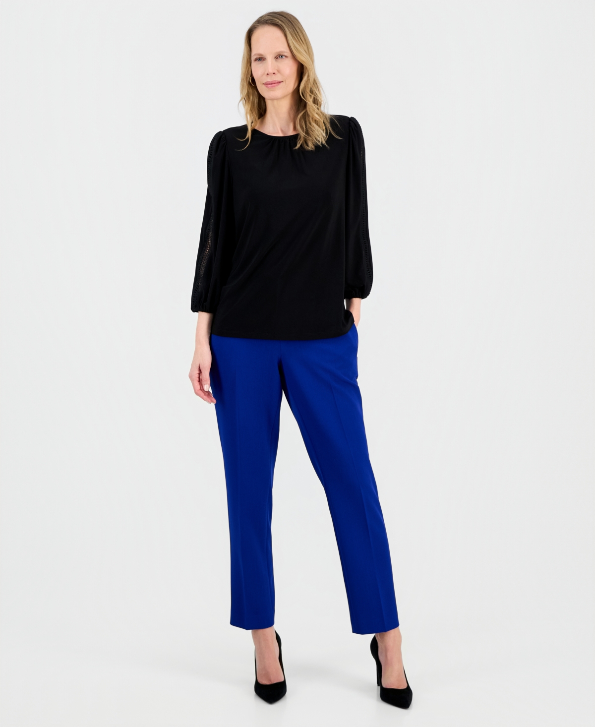 Kasper Women's Crewneck 3/4-Lace-Trim-Sleeve Blouse, Regular & Petite