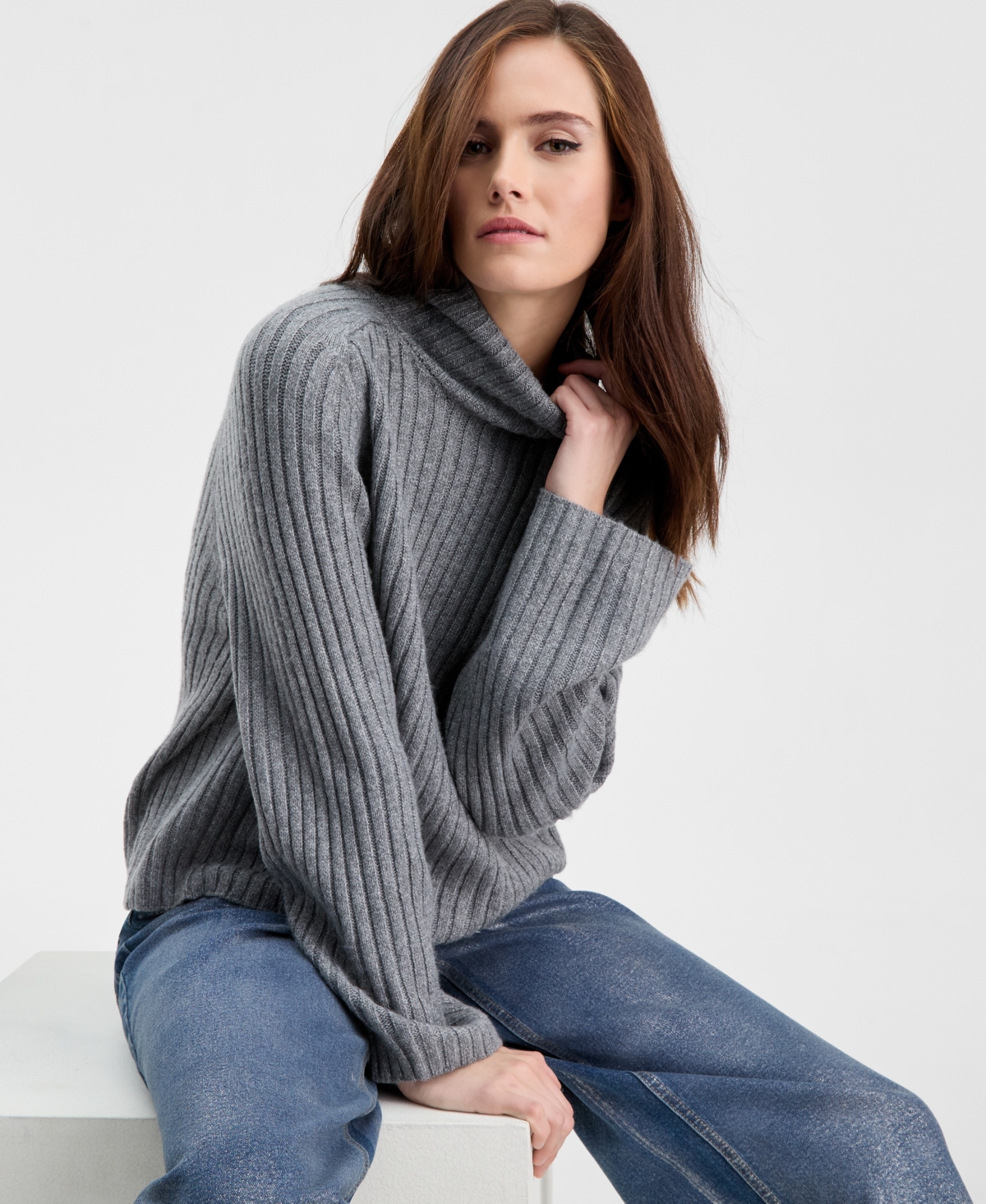 Bar Iii Women's Mock-neck Ribbed Sweater, Macy's Exclusive In Gray