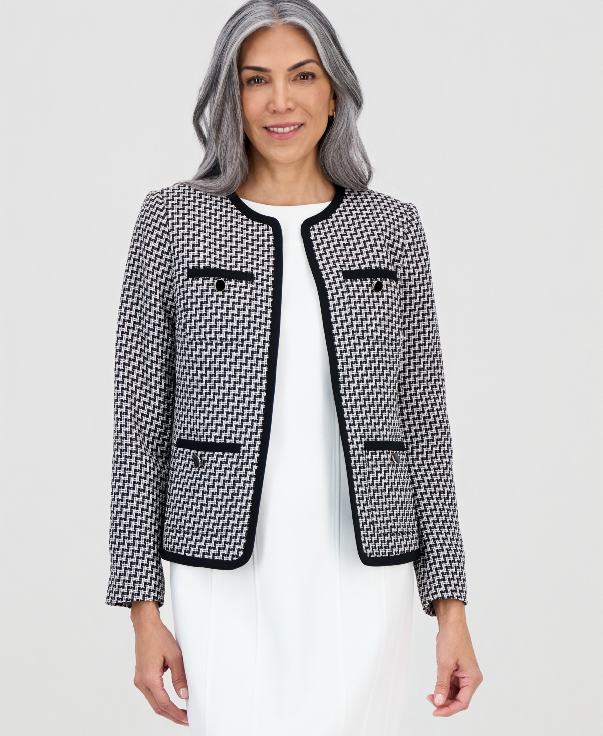 Kasper Women's Zig-zag-jacquard Collarless Jacket In Gray