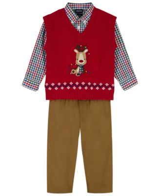 IZOD - Baby Boys 3-Piece Holiday Reindeer Sweater Vest, Shirt and Pants Set