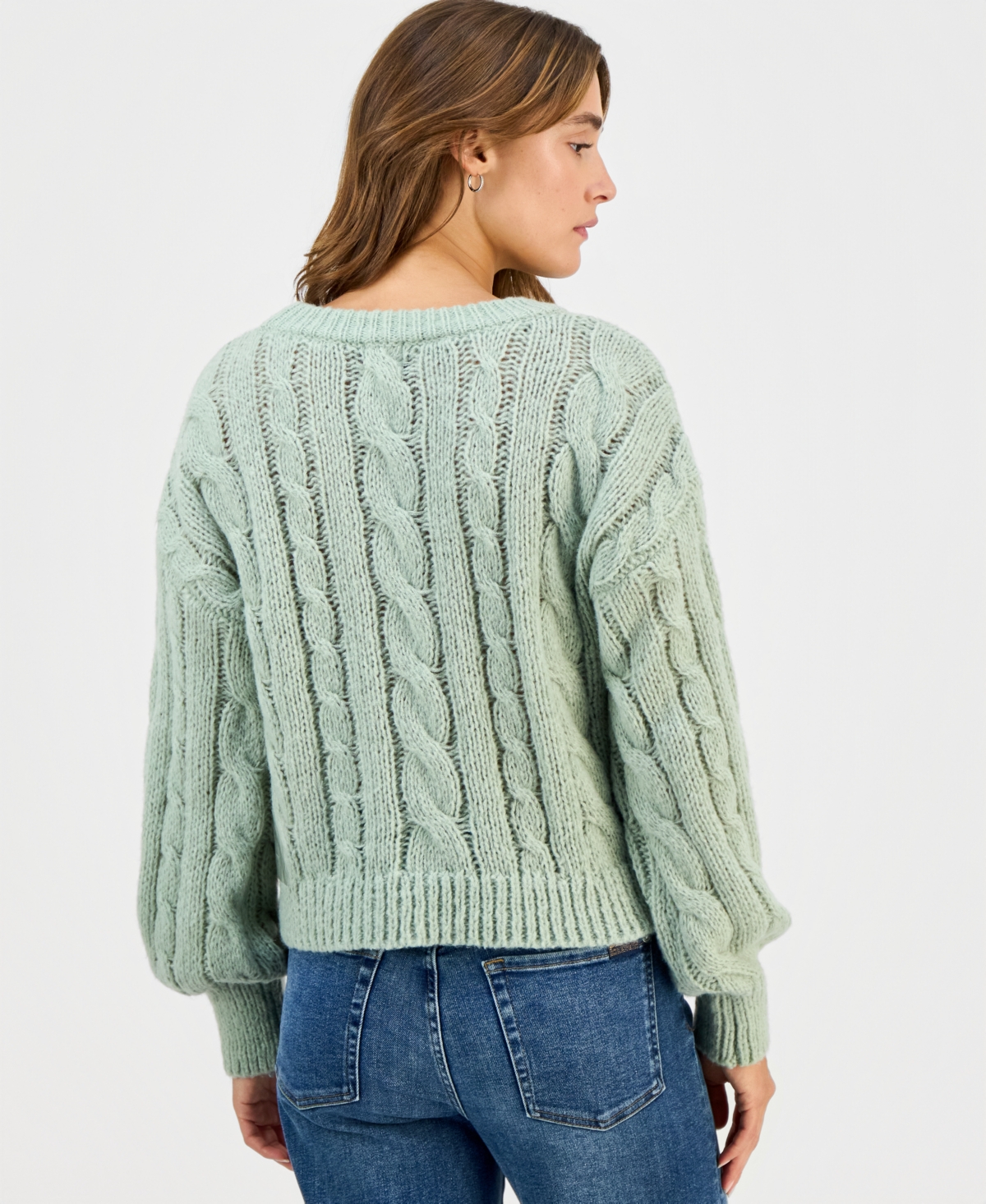 Hippie Rose Juniors' Chunky Cable-knit Crewneck Sweater In Green