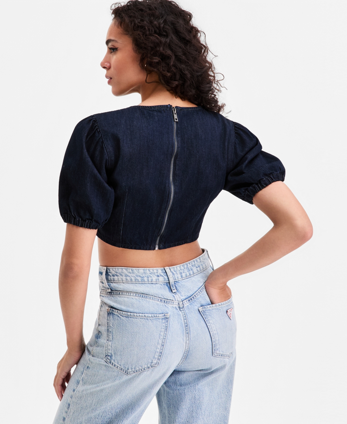 Guess Women's Cropped Puffed-Sleeve Top