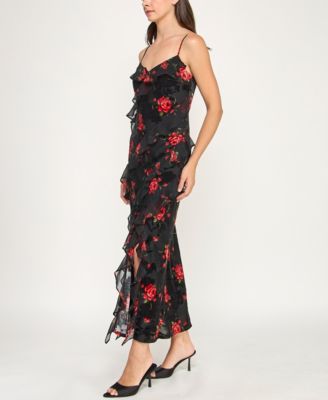 Juniors' Strappy V-Neck Multi Ruffle Maxi Dress