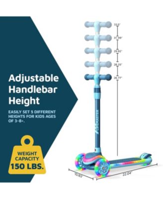 3-Wheel Kids Scooter with multi-color lights, 5-height adjustable handlebar & anti-slip deck. Safe, fun & supports up to 150 lbs