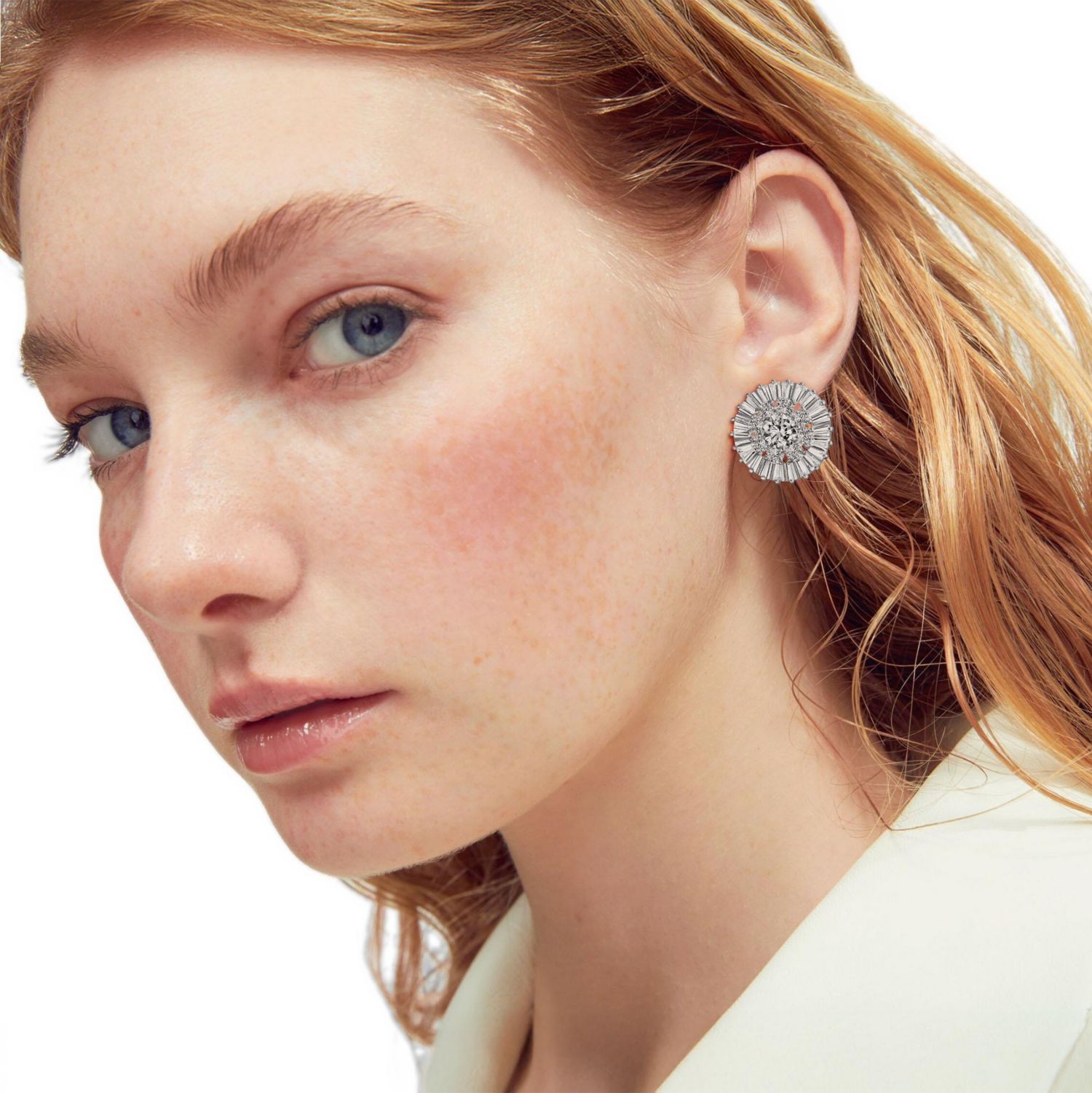 Fancy Cocktail Round CZ Baguette Clip On Earrings Non Pierced Silver Plated
