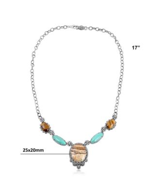 Sterling Silver Picture Jasper, Green Turquoise and Tiger's Eye Concha Station Necklace, 17 to 20 Inches