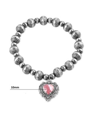 Sterling Silver Rhodochrosite Heart Charm Bead Bracelet, Sizes Medium to Large