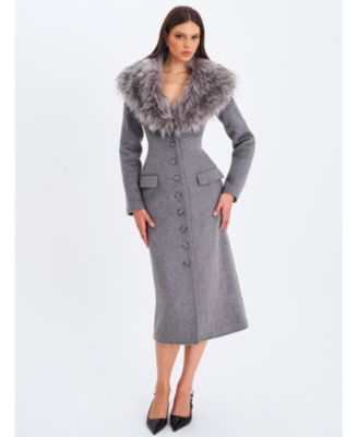 Women's Faye Grey Wool Blend Single-Breasted Coat with Removable Faux Fur Collar