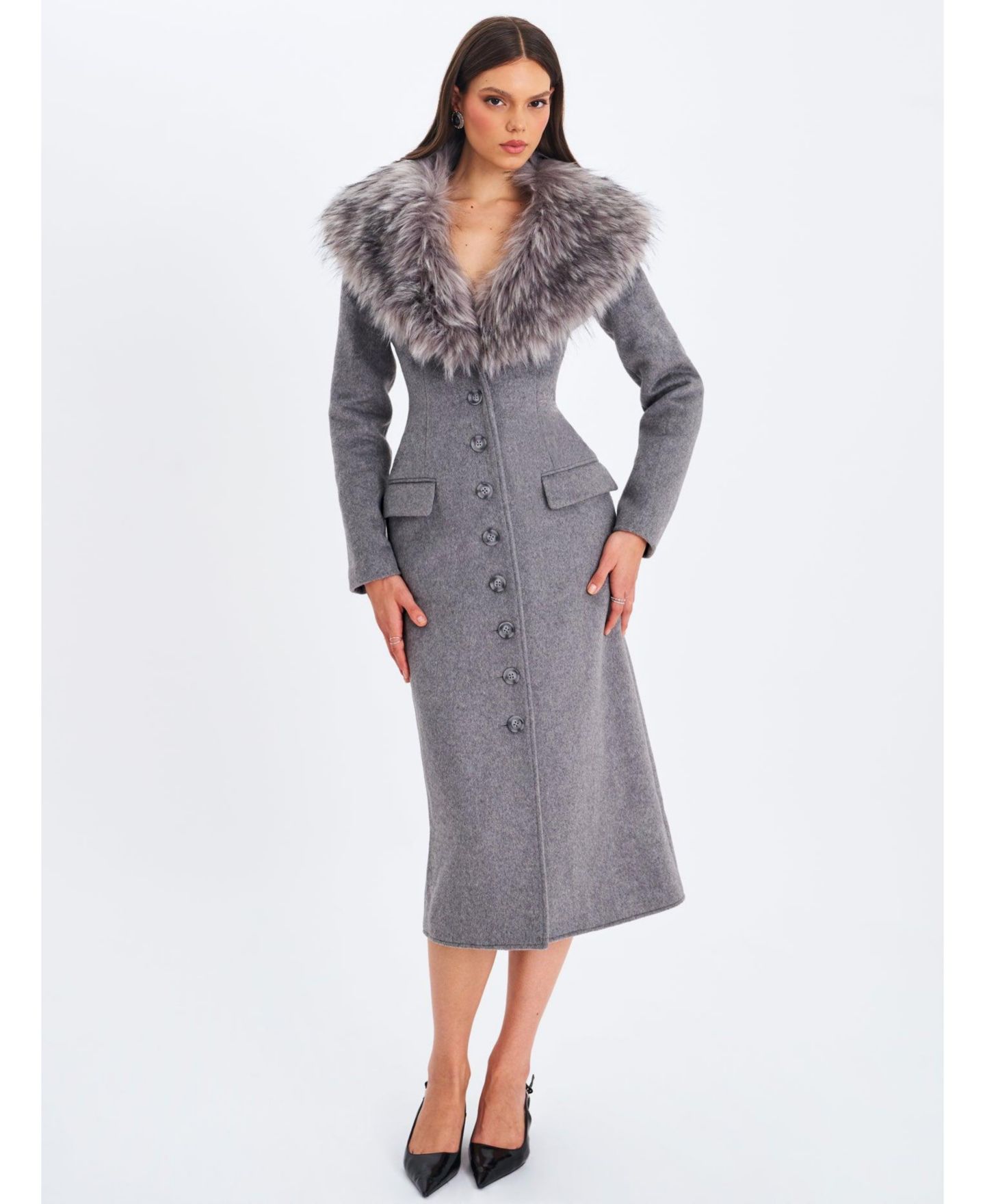Женское пальто Miss Circle Faye Grey Wool Blend Single-Breasted Coat with Removable Faux Fur Collar, цвет: Серый — фото 5