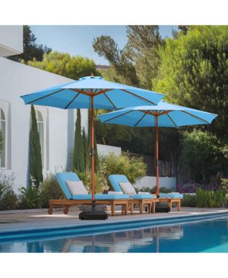 9ft Solid Wood Outdoor Patio Umbrella with Base Included Parasol Wheels Stand for Bistro Market Garden Deck Yard Poolside Blue