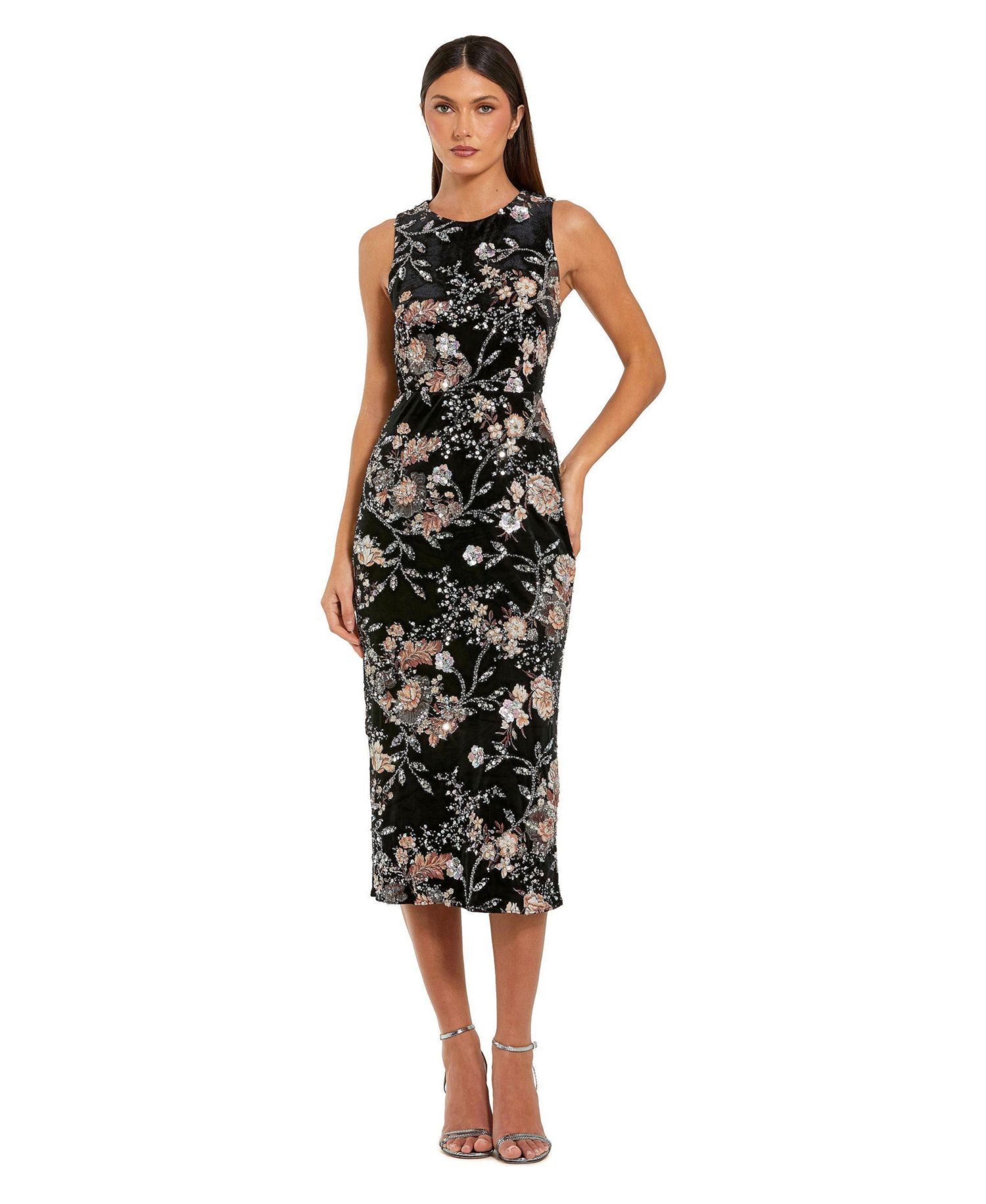 Women's Embroidered Velvet High Neck Sleeveless Midi Dress