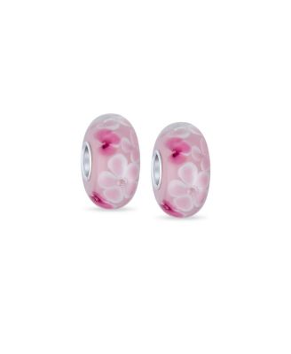 Set of 2 Floral Design Murano Glass Spacer Charm Bead with Sterling Silver Core