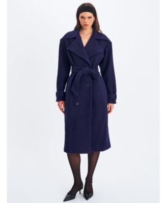 Women Jaelyn Midnight Blue Wool Blend Double-Breasted Belted Coat