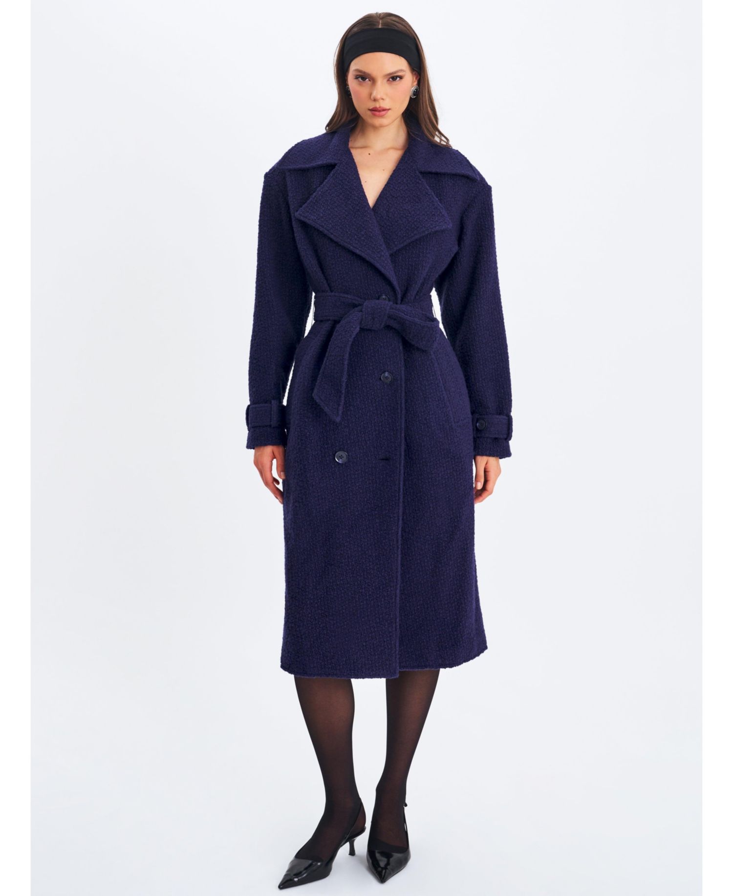 Women Jaelyn Midnight Blue Wool Blend Double-Breasted Belted Coat