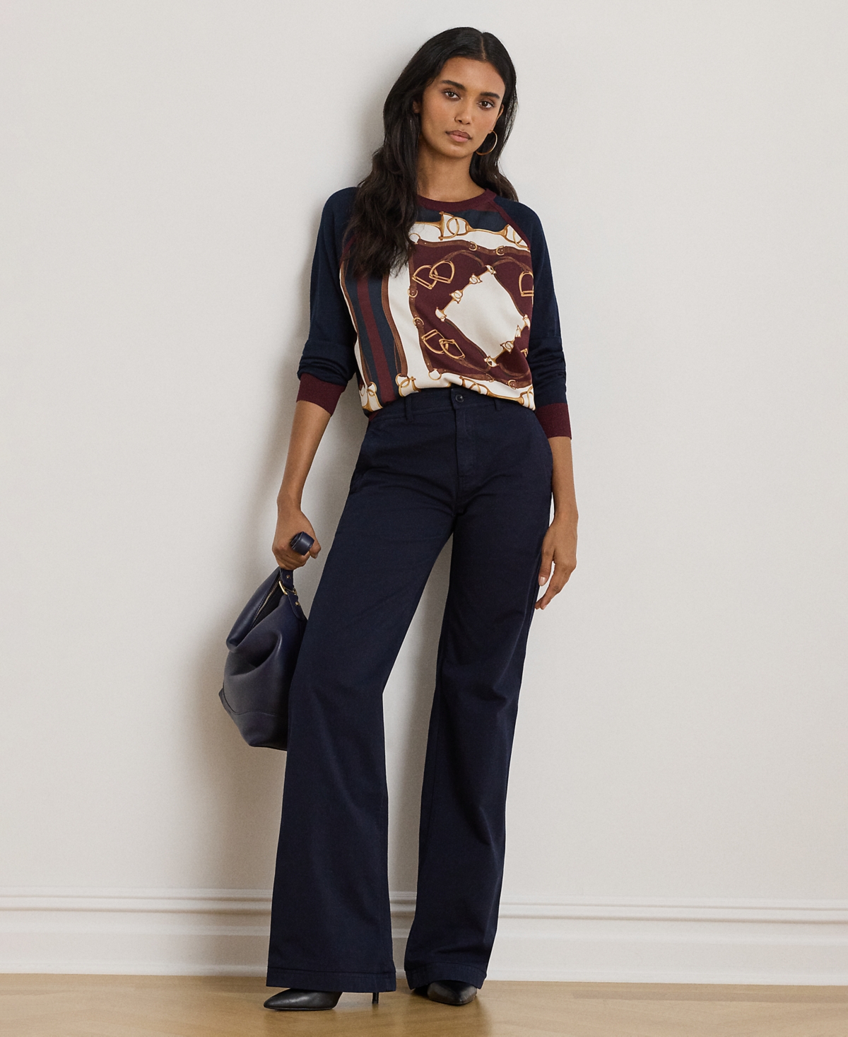 Ralph Lauren Petite Equestrian Print Sweater In Black