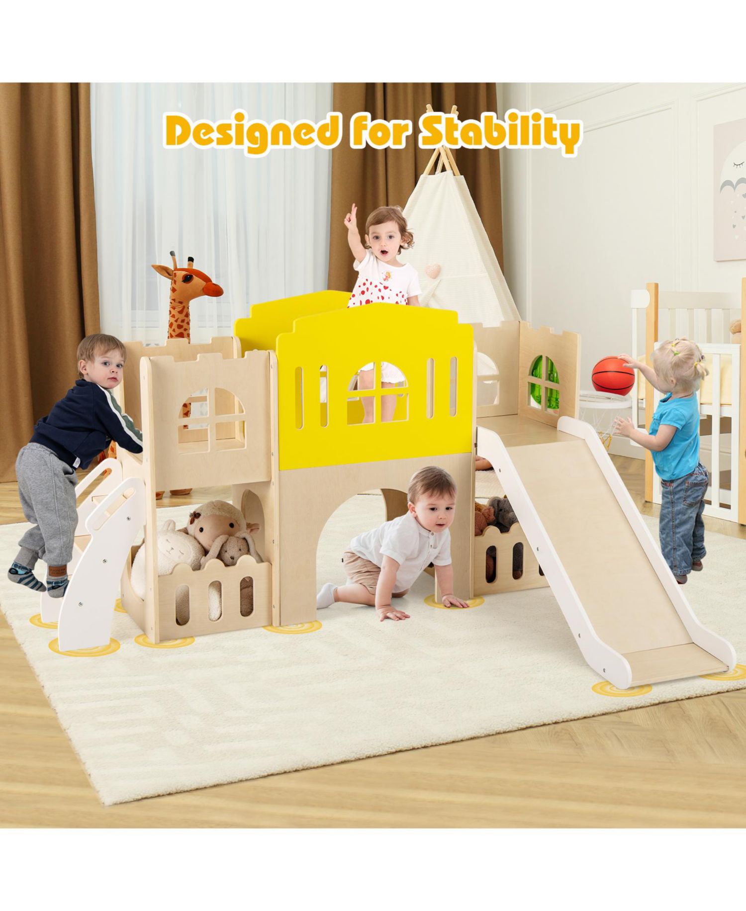 7-in-1 Toddler Slide Set Wooden Castle-Shaped Activity Center