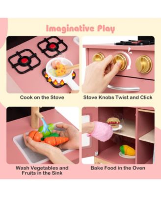Play Kitchen for Kids w/ Door Curtain Stoves Sink & Oven Cookware Accessories