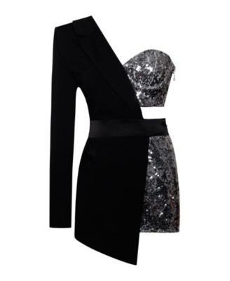Women's Skylynn Sequin Black One Sleeve Blazer Romper