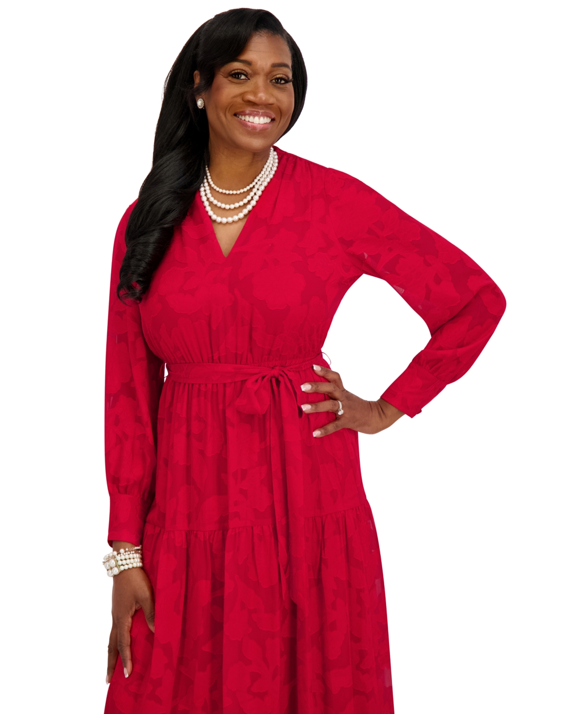 Kasper Women's Soft V-neck Tiered Midi Dress In Red