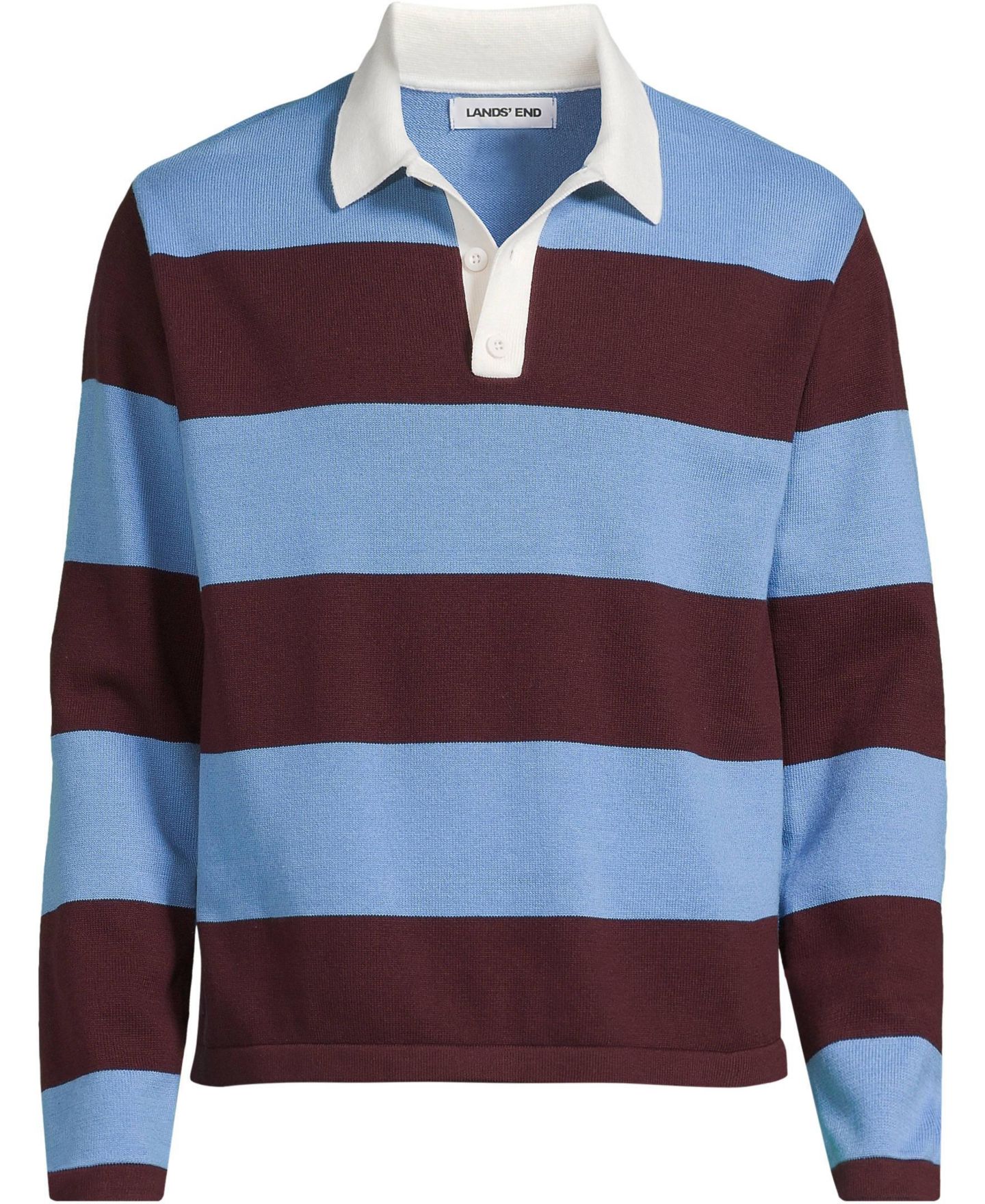 Мужские рубашки Lands' End Long Sleeve Cotton Rugby Sweater Polo, цвет: Бордовый / Синий полосатый — фото 3