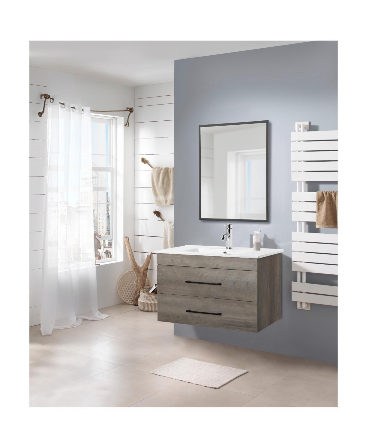 Streamdale Furniture 32" Grey Wood Vanity, Ceramic Sink, Mirror - Modern Bathroom