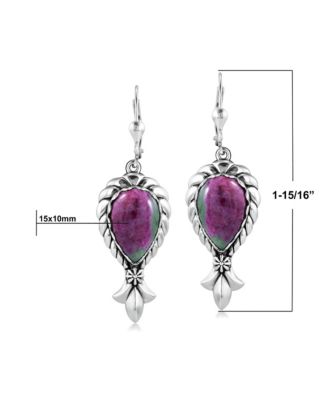 Sterling Silver Ruby Zoisite Pear-Cut Squash Blossom Lever Back Dangle Earrings