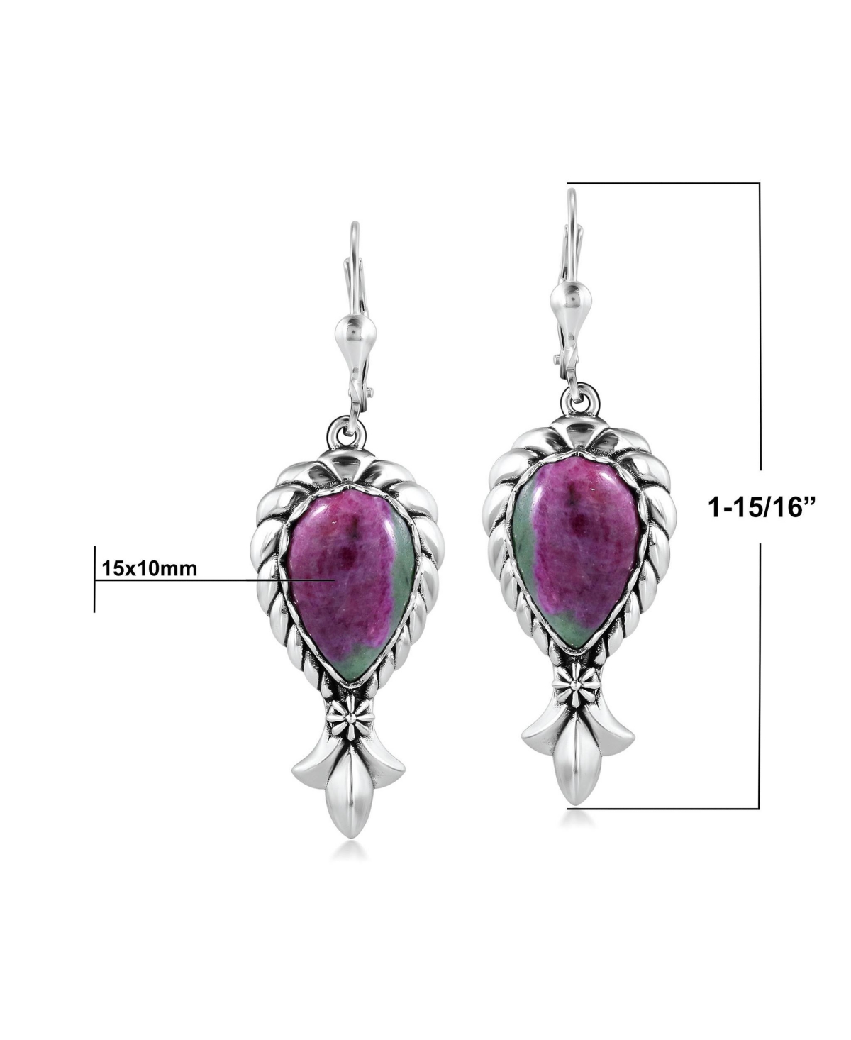 American West Jewelry Sterling Silver Ruby Zoisite Pear-Cut Squash Blossom Lever Back Dangle Earrings