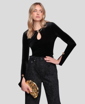 Women's Long Sleeve Rose Button Velvet Top