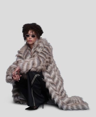 Women's Faux Fur Chevron Notch Collar Maxi Coat