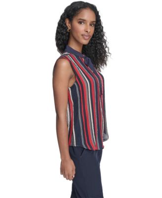 Women's Sleeveless Striped Tie V-Neck Blouse