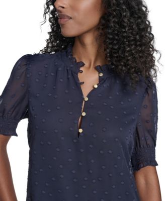 Women's Floral Clip Mock Neck Short Sleeve Blouse