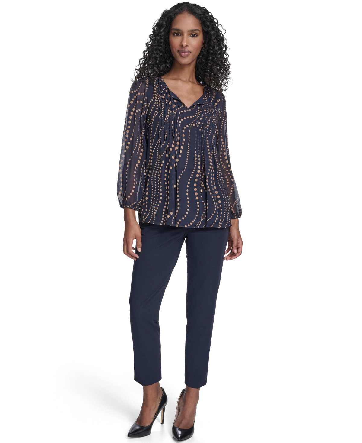 Tommy Hilfiger Women's Cascade Dot Pintuck Long Sleeve Blouse