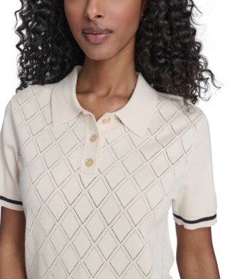 Women's Short Sleeve Pointelle Polo Sweater