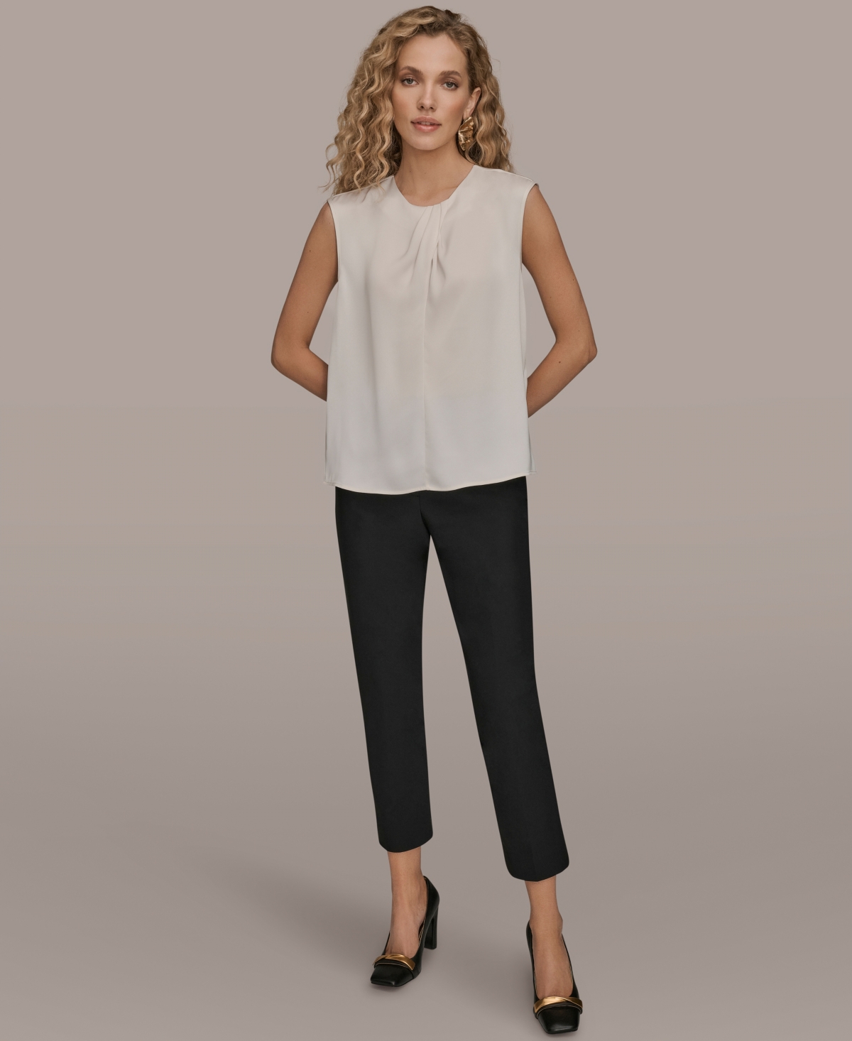 Donna Karan Women's Solid Sleeveless Twist Neck Top In White