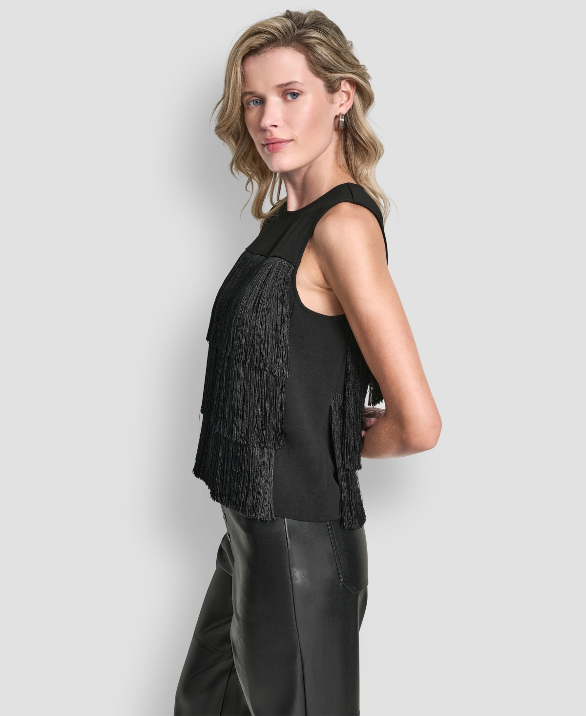 Dkny Womens Tiered Fringe Blouse Seamed Straight Pants In Black
