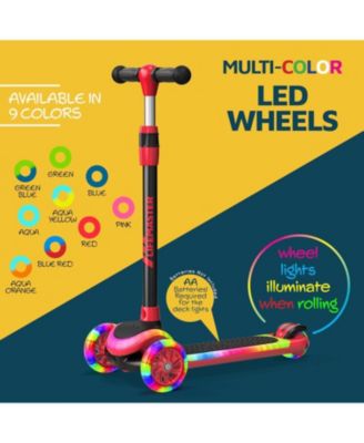 3-Wheel Kids Scooter with LED Lights on Deck & Wheels – 5-Height Handlebar, Anti-Slip Deck, Safety Certified, Ages 3+, Red