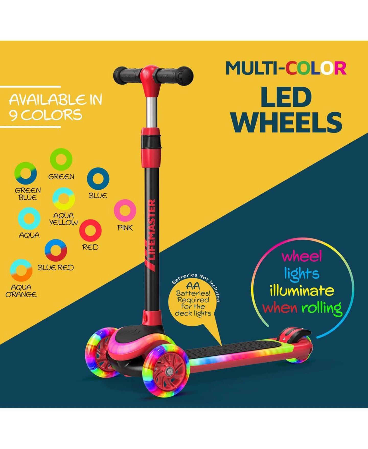 Детская игрушка Lifemaster 3-Wheel Kids Scooter with Multi-Color LED Lights & Adjustable Handlebar, 150 lbs Capacity, Ages 3+ — фото 7