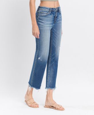 Women's High Rise Frayed Hem Crop Straight Jeans