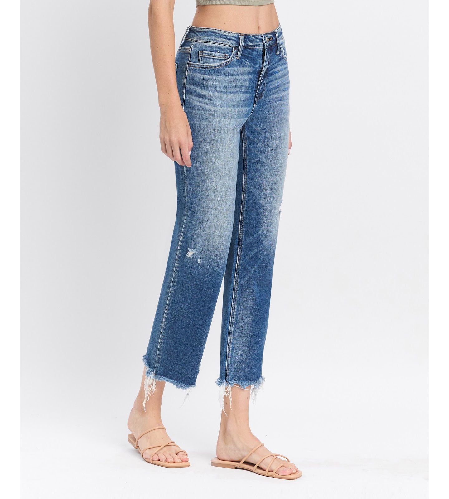 Женские джинсы Flying Monkey High Rise Frayed Hem Crop Straight, цвет: Синий — фото 7