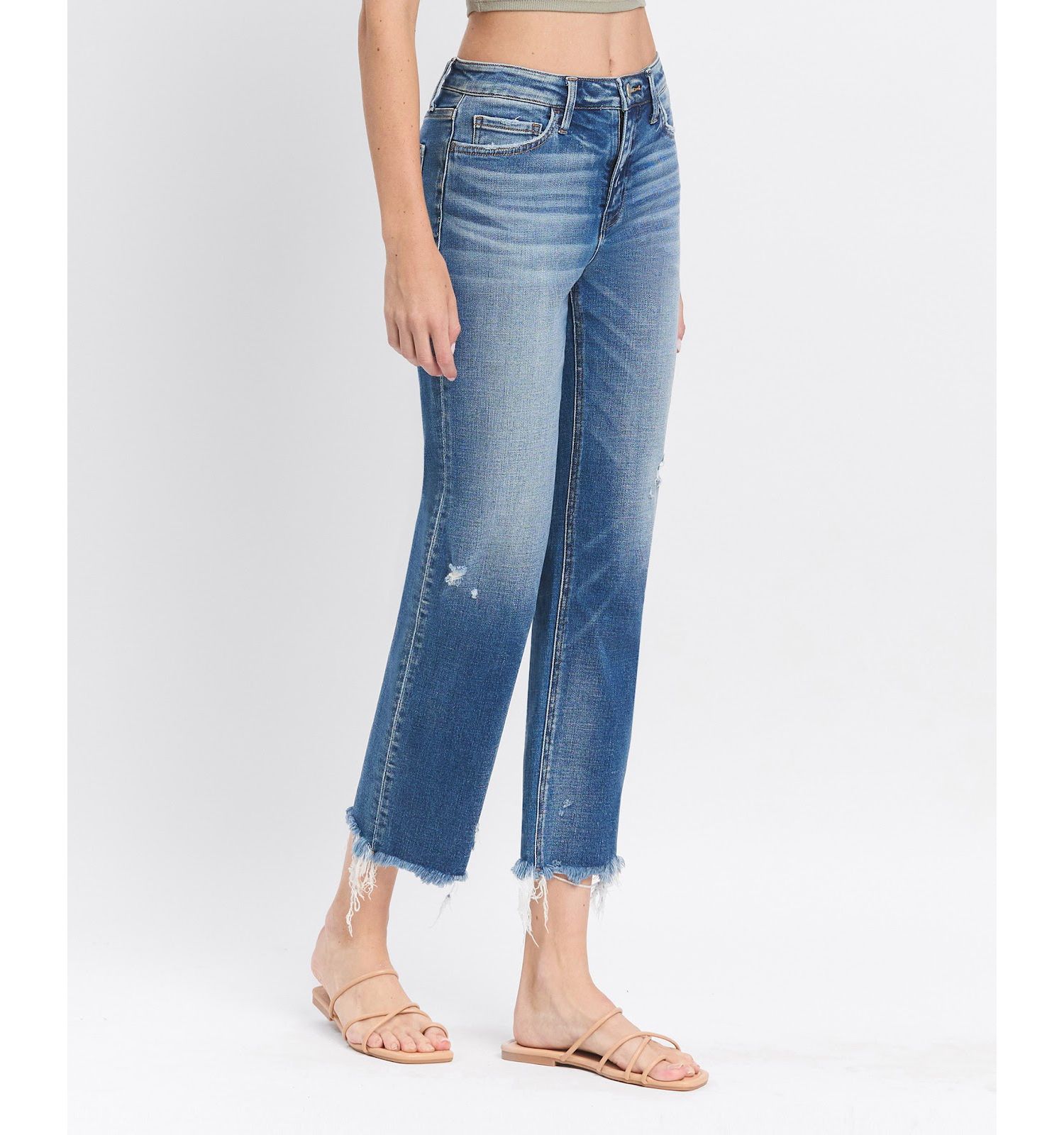 Women's High Rise Frayed Hem Crop Straight Jeans
