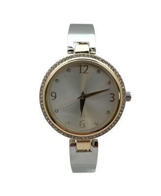 Two Tone Round Face Rhinestone Bezel Soft Bangle Women Watch