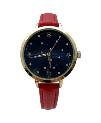 Stars and Rhinestones Faux Leather Women Watch, Burgundy