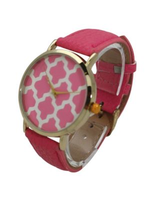 Pink Geometric Pattern Leather Strap Watch