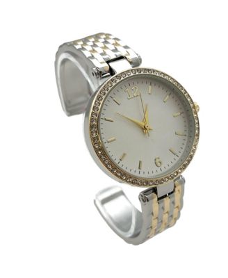 Two Tone Round Face with Rhinestones Bangle Women Watch